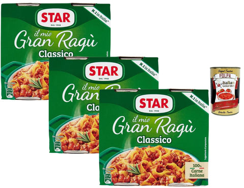 Star Il mio Gran Ragù Classico Italian Meat Sauce 3 x 2 x 180 g (6 Servings) Ready Made Bolognese for Pasta 100% Meat from Italy without Preservatives + Italian Gourmet Polpa