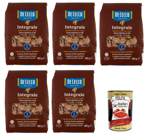 De Cecco Integrale Orecchiette N° 91, Pasta Integrale, Whole Grain Pasta, 5 x 500 g + Italian Gourmet Polpa 400 g