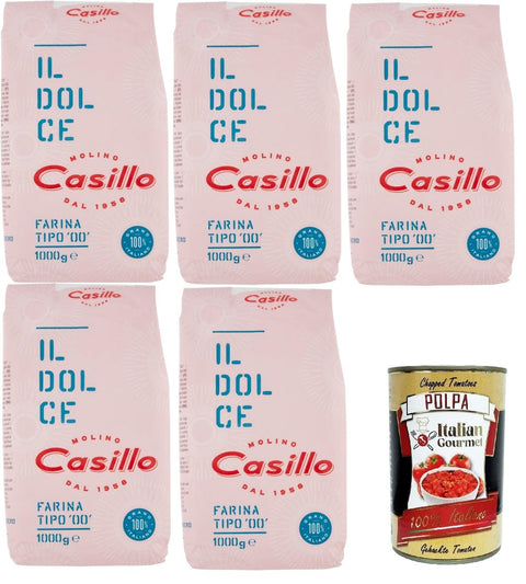 Casillo IL Dolce Farina di Grano Tenero Tipo 00 W 160 IL Dolce Soft Wheat Flour Type 00 W 160 5 x 1 kg + Italian Gourmet Polpa 400 g