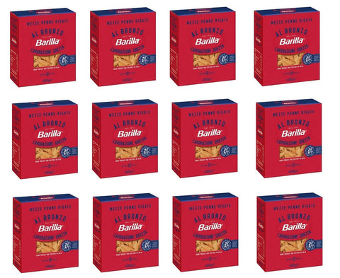 12 x Barilla Mezze Penne Rigate al Bronzo Bronze Drawn Pasta, 400 g, Raw Processing Method