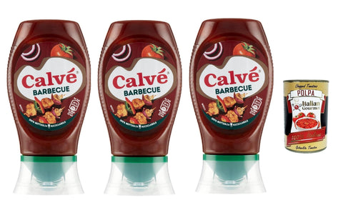 3 x Calvé Salsa Barbeque BBQ Sauce with Strong Wood and Smoke Flavour, Ideal for All Meat Dishes, 250 ml, 250 ml + Italian Gourmet Polpa 400 g