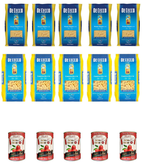 5 x De Cecco Casareccia n.88 500 g + 5 x De Cecco Penne Rigate n. 41 + Italian Gourmet 100% Italian Peeled Tomato Tins 5 x 400 g
