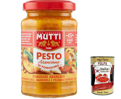 3x Mutti Pesto arancione di pomodoro, -45% of fat, pesto with yellow cherry tomatoes, almonds and pecorino cheese 190g + Italian Gourmet polpa 400g