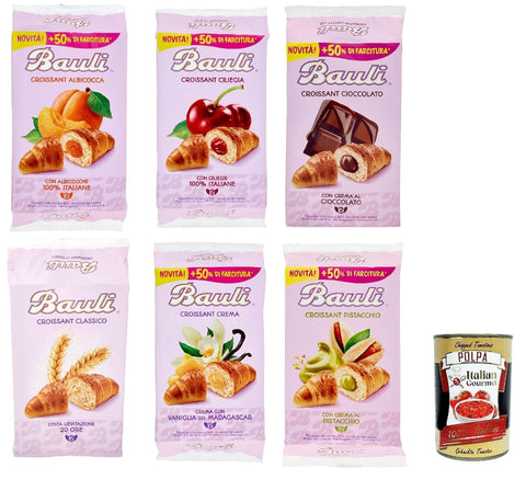 Bauli Croissant Test Pack - Classico, Albicocca, Ciliegia, Crema Vaniglia, Pistacchio, Cioccolato - Soft & Filled, Individually Wrapped - Breakfast & Snack + Italian Gourmet Polpa