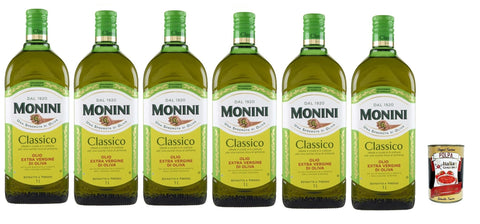 Monini Classico Extra Virgine Olive Oil 6 × 1 L - First Cold Pressing, Balanced Flavour, Ideal Raw & for Cooking, Italian Quality - + Italian Gourmet Polpa