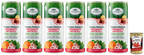 6 x L' Angelica Drenante Anticell, Cold Herbal Tea, Taste of Mandarin, Nettle and Cherry, Calorie Free, Sugar-Free, Disposable Tin 240 ml + Italian Gourmet Polpa di Pomodoro 400 g Tin