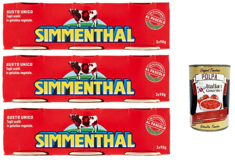 SIMMENTHAL Carne in Scatola, Beef in Aspic 3x (3x 90g) 100% Italian Meat Aspic Meat + Italian Gourmet Polpa 400g