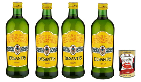 Desantis Olive Oil, Blend of Refined & Virgin Olive Oil - 4 x 1 L Glass Bottles - Mild & Versatile for Cooking, Roasting & Baking - Italian Quality - + Italian Gourmet Polpa