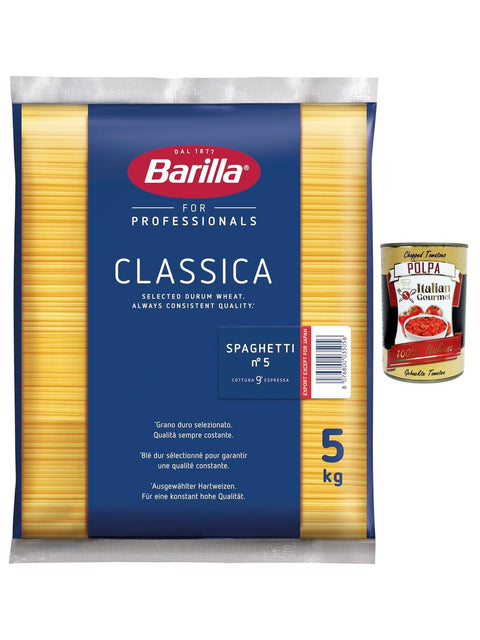 Barilla Spaghetti N.5 Classica 5 kg - Professional Bulk Pack of Durum Wheat Semolina, Cooking Time 9 Minutes, Ideal Bite Resistance & Sauce Binding, Storage Pack for Gastro + Italian Gourmet Polpa
