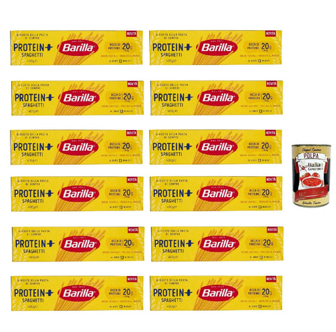 Barilla Protein+ Spaghetti 400 g, Pasta Rich in Vegetable Protein, 12 x 400 g + Italian Gourmet Polpa 400 g