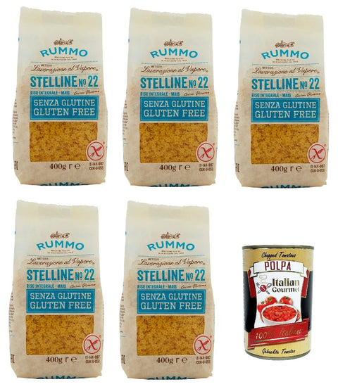 Rummo Pasta Stelline N° 22 Senza Glutine, Gluten Free, 100% Italian Pasta Noodles Gluten-Free 5 x 400 g + Italian Gourmet Polpa 400 g