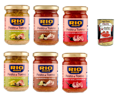 Rio Mare Pesto al Tonno Test Pack, Tuna Pesto Cooking Sauce with Almonds and Pecorino - with Pistachios and Lemon - with Black Olives and Chili 6 x 130 g + Italian Gourmet Polpa 400 g
