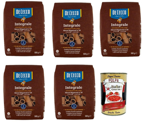 De Cecco Integrale Mezzi Rigatoni N° 26, Pasta Integrale, Whole Grain Pasta, 5 x 500 g + Italian Gourmet Polpa 400 g
