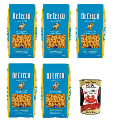 De Cecco Cavatappi N°87, 100% Italian Pasta Pasta, 5 x 500 g + Italian Gourmet Polpa 400 g