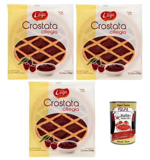 Lago 1968, Crostata alla Ciliegia, flow pack, tartlets, cake with cherry jam, memory pastry, Italian snack, product without palm oil, 3 x 350 g + Italian gourmet polpa 400 g