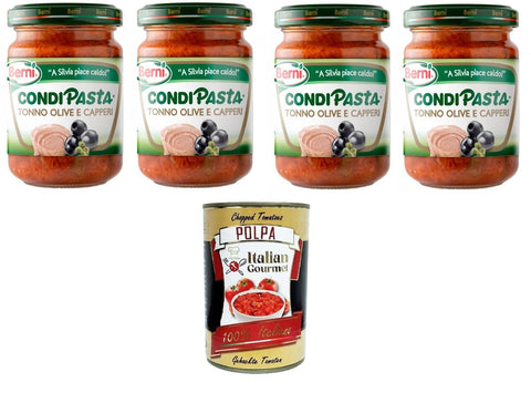 Berni Condipasta Tonno, Olive e Capperi Tuna, Olives and Capers Preserved Spice for First Courses and Bruschetta 4 x 130 g + Italian Gourmet Polpa 400 g