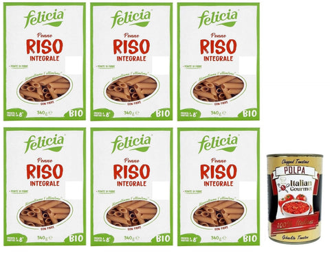 6 x Felicia Penne di Riso Integrale, Pasta with 100% Brown Rice from the Italian Supply Chain, Organic and Naturally Gluten-Free, Pack of 340 g + Italian Gourmet Polpa di Pomodoro 400 g Tin