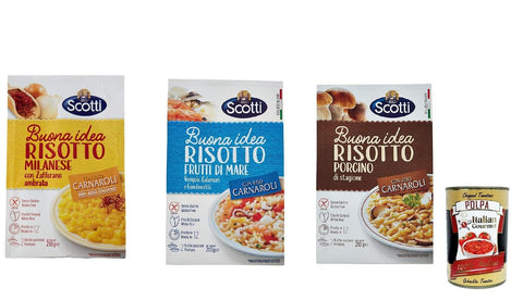 Riso Scotti Risotto Test Pack Milanese, Marinaro and Porcini, Gluten Free, 3 x 210 g + Italian Gourmet Polpa 400 g