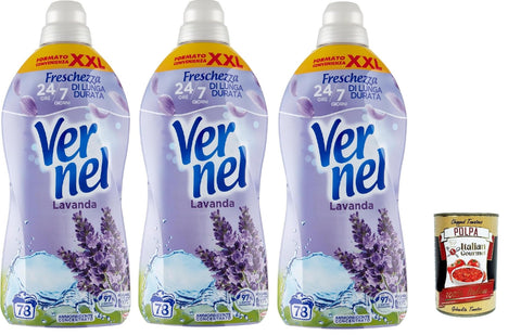 Vernel Lavanda Ammorbidente, Fabric Softener, Perfumed Concentrated Washing Machine, Intense Freshness and Softness, 3 x 1.9 Litre XXL Packaging + Italian Gourmet Polpa 400 g