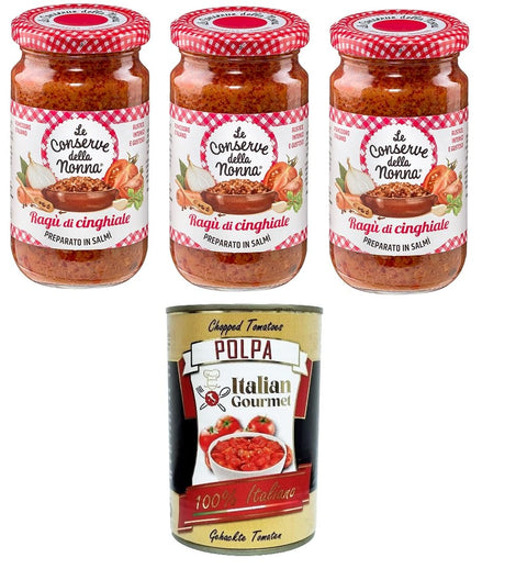 Le Conserve della Nonna Sugo Ragù di Cinghiale Wild Boar Ragù Sauce 3 x 190 g + Italian Gourmet Polpa 400 g