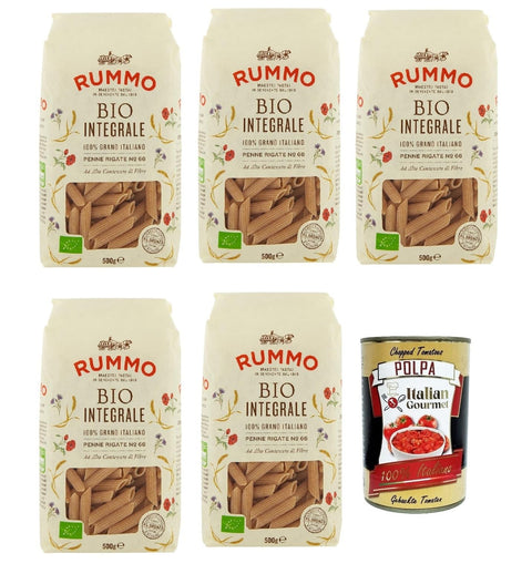 Rummo Pasta Integrale Penne Rigate N° 66, Whole Grain Pasta, Italian Pasta, 5 x 500 g + Italian Gourmet Polpa 400 g
