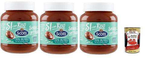 Riso Scotti, Si con Riso, spreadable cream with rice, hazelnuts and cocoa, hazelnut cream without lactose, no gluten and no palm oil, no milk protein, 3 x 400 g + Italian Gourmet polpa 400 g