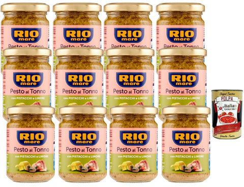 Rio Mare Pesto al Tonno Pistachio & Lemon 12 x 130 g Creamy Italian Tuna Pesto for Pasta & Antipasti Storage Pack + Italian Gourmet Polpa