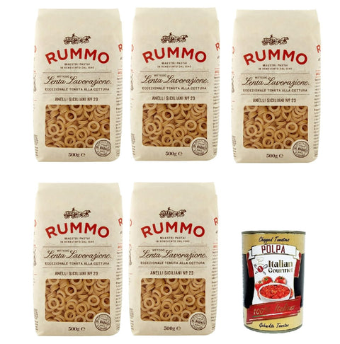 Rummo Anelli Siciliani n° 23 Pasta Lenta Lavorazione Pasta Made of Durum Wheat Semolina Bronze Drawing 5 x 500 g + Italian Gourmet Polpa 400 g