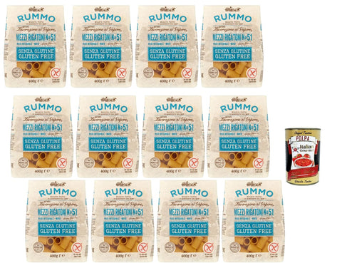 Rummo Mezzi Rigatoni Gluten Free 12 x 400 g Bronze Drawn Corn & Whole Grain Rice Pasta without Gluten for Italian Dishes Storage Pack + Italian Gourmet Polpa