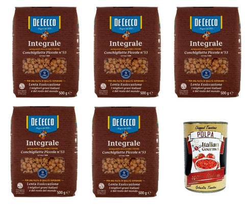 De Cecco Integrale Conchigliette Piccole N° 53, Pasta Integrale, Whole Grain Pasta, 5 x 500 g + Italian Gourmet Polpa 400 g