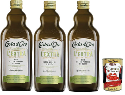 Costa d'Oro Extra Extracted Olive Oil Extracted Extra 1 Litre Cold Extracted Olive Oil Balanced Flavour Suitable for All Recipes and as a Salad Spice 3 x 1 lt + Italian Gourmet Polpa 400g