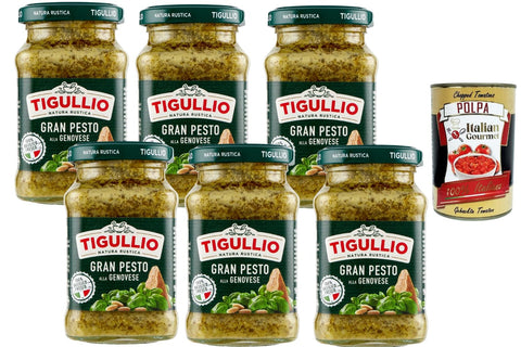 Tigullio Gran Pesto alla Genovese 6 x 190 g Storage Pack - Italian Basil Pesto Sauce for Pasta, Bruschetta & Salads + Italian Gourmet Polpa