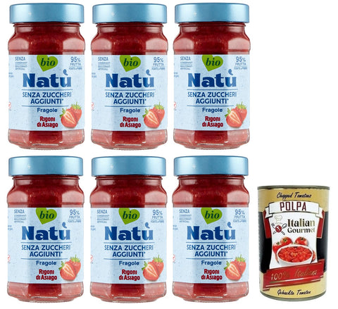6 x Rigoni di Asiago Natù Fragole Organic Strawberry Preparation, Strawberry Jam without Added Sugar, 240 g + Italian Gourmet Polpa di Pomodoro 400 g Tin