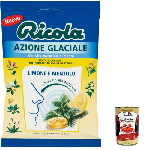 Ricola Azione Glaciale Limone e Mentolo Sweet Lemon and Menthol Refreshing without Sugar 70 g + Italian Gourmet Polpa 400 g Pack of 3