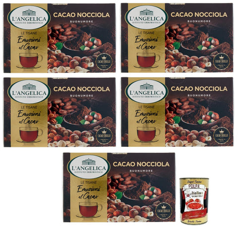 5 x L' Angelica Tisana Cacao e Nocciola, Herbal Tea with Cocoa and Hazelnut, Pack of 15 Filters + Italian Gourmet Polpa di Pomodoro 400 g Tin