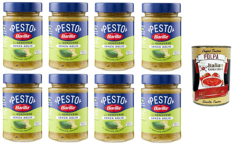 Barilla Pesto Alla Genovese Senz'Aglio Condimento e Sugo per Pasta Genoese Pesto without Garlic Spice and Pasta Sauce 8 x 190 g + Italian Gourmet Polpa 400 g