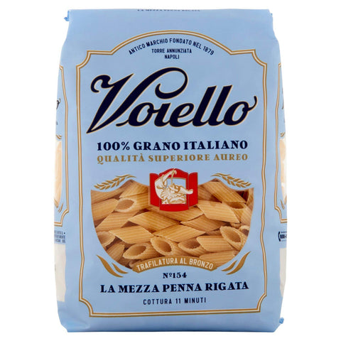 Voiello Mezze Penne Rigate Pasta No. 154, 500 g, 100% Italian Grains, Bronze Drawing