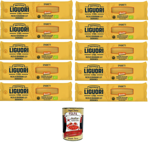 Pastificio Liguori, Pasta di Gragnano IGP Biodinamica, Spaghetti Biodynamic Gragnano Pasta with IGP 10 x 400 g + Italian Gourmet Polpa 400 g