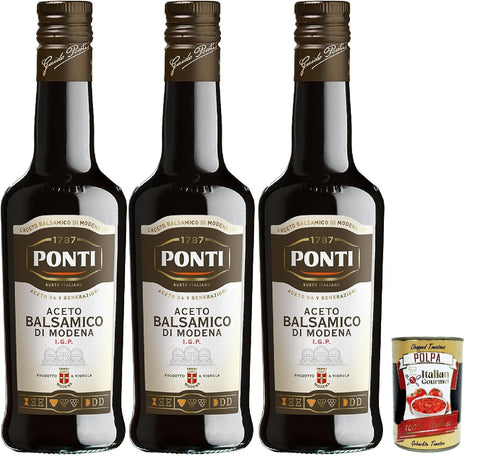 Ponti, Modena I.G.P. balsamic vinegar, made from grapes of 7 selected grape varieties and fine wine vinegar, ideal for seasoning raw and cooked red meat, 3 x 500 ml + Italian Gourmet polpa 400 g
