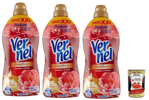 Vernel Aromatherapy Longing for Rose, Fabric Softener in the Washing Machine, Concentrate, Freshly Washed Fragrance, 3 x 1.9 Litre XXL + Italian Gourmet Polpa 400 g