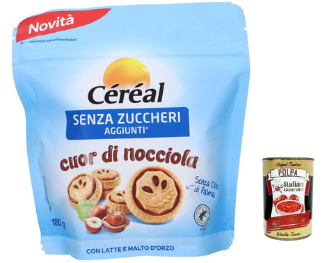 3 x Cereal cuor di nocciola senza zuccheri aggiunti, biscuit without sugar sugar with creamy hazelnut heart biscuits 180 g + Italian gourmet polpa 400 g