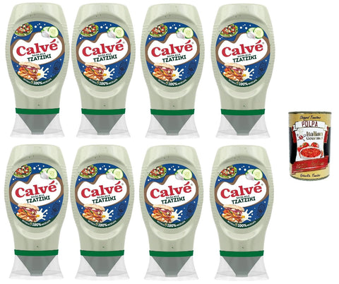 Calvé Tzatziki Sauce, 8 Pieces of 250 ml, Tzatziki Sauce Based on Cucumber and Garlic, Ideal for Dips, Salads, Meat and Fish, No Dyes, Gluten Free, Vegan + Italian Gourmet Polpa 400 g