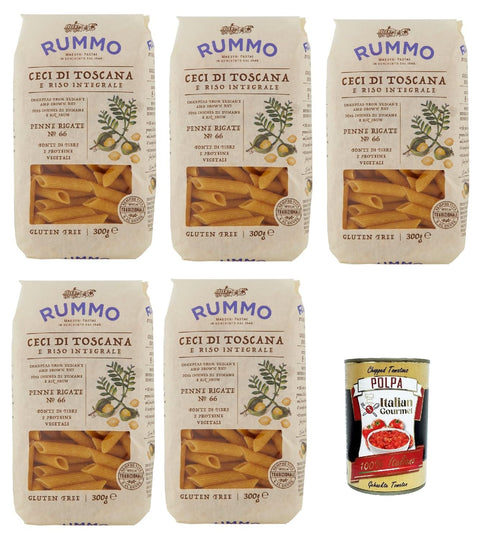 Rummo Ceci di Toscana e Riso Integrale Penne Rigate N° 66 Senza Glutine, Pasta Gluten Free, Gluten Free, Chickpeas of Tuscany and Full Rice 5 x 500 g + Italian Gourmet Polpa 400 g