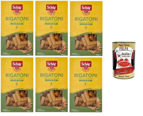 SCHÄR Senza Glutine Rigatoni Gluten-Free Pasta with 20% Millet, Gluten Free Pasta, 6 x 500 g + Italian Gourmet Polpa 400 g