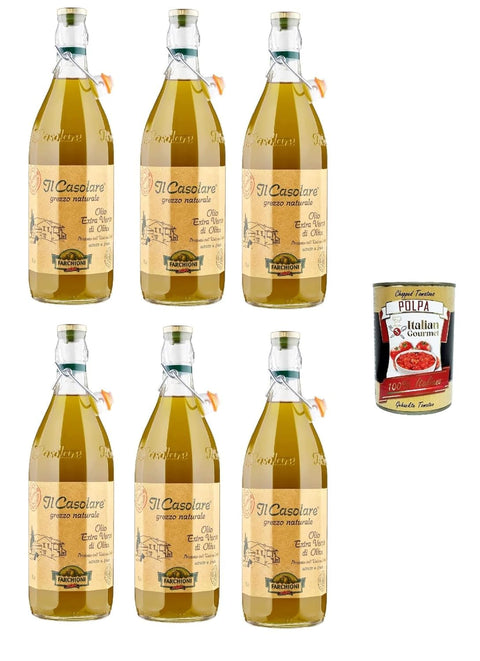 Farchioni Il Casolare Extra Vergines Olive Oil, Natural, 1 Litre, 6 Bottles, + Italian Gourmet Polpa 400 g