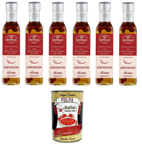 Olitalia Olio extra virgin di oliva al peperoncino extra virgin olive oil with chilli pepper 6 x 250 ml + Italian gourmet polpa 400 g