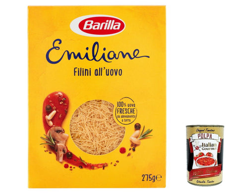5 x Barilla Pasta all' Uovo Le Emiliane Filini, egg noodles, pasta with egg 275 g + Italian gourmet polpa 400 g