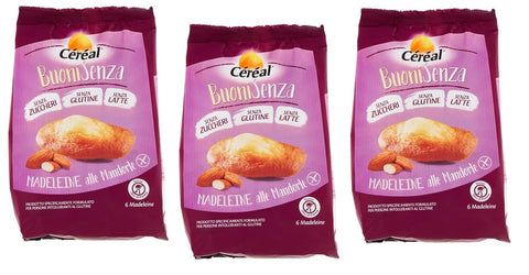 3 x Céréal BuoniSenza Madeleine All Mandorle Almond Madeleines, Ideal for Breakfast, Sweet Snack with Almond Flavour, Gluten-Free, Dairy Free and Sugar-Free, 180 g Pack
