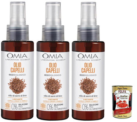 Omia, Olio Capelli Eco Bio con Olio di Semi di Lino, Hair Oil with Flax Seed Oil, for Frizzy and Rebellious Hair, Smooth and Disciplining Action without Silicones, 3 x 100 ml + Italian Gourmet Polpa