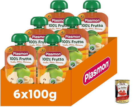 Plasmon 100% Frutta Mela, Pera, Banana 100g 6 Pouch Con aggiunta di Vitamin C, Solo Gli Zuccheri della Frutta + Italian Gourmet Polpa 400g